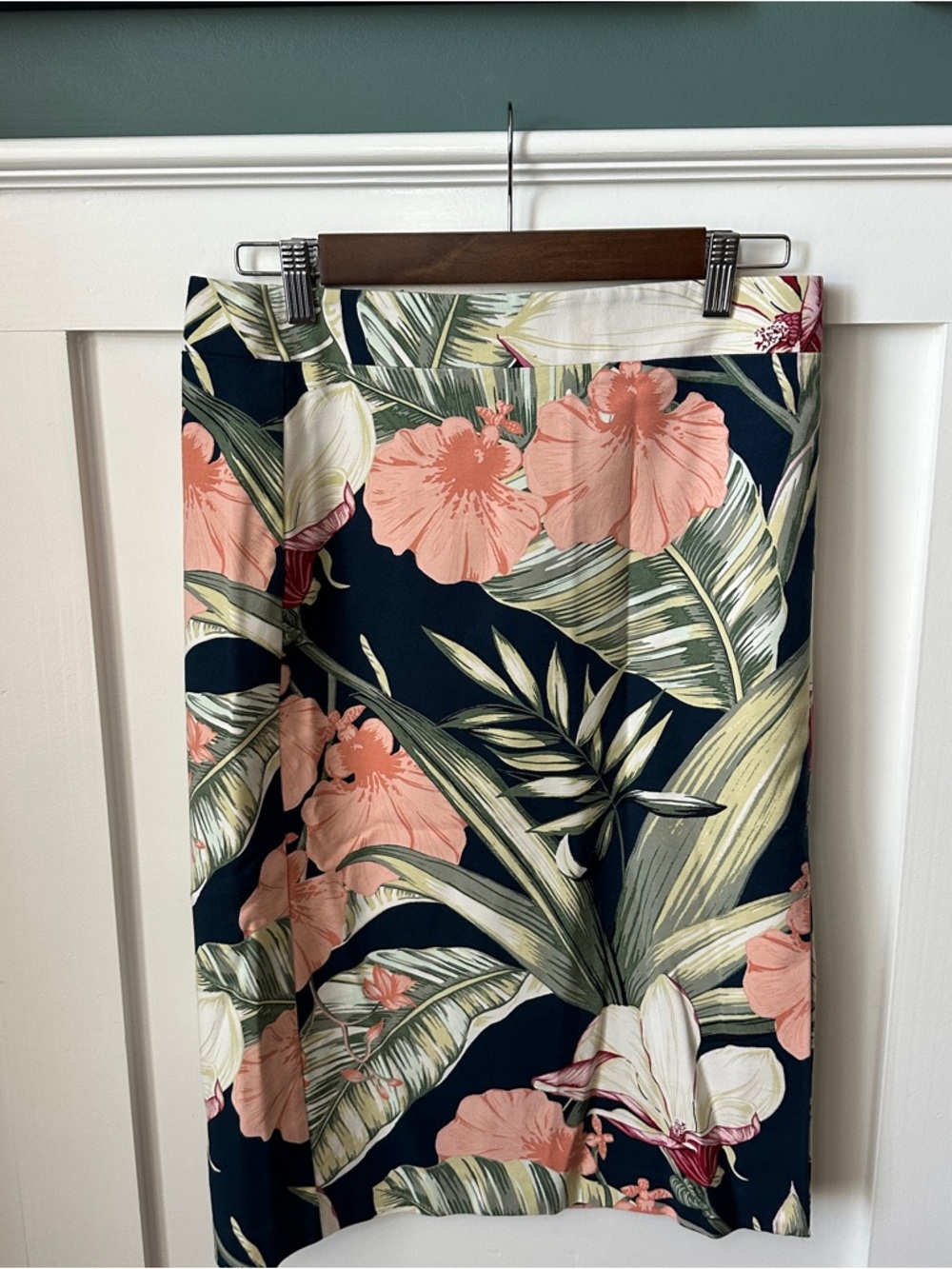 Ann Taylor Navy Floral Pencil Skirt with Coral and Green Print